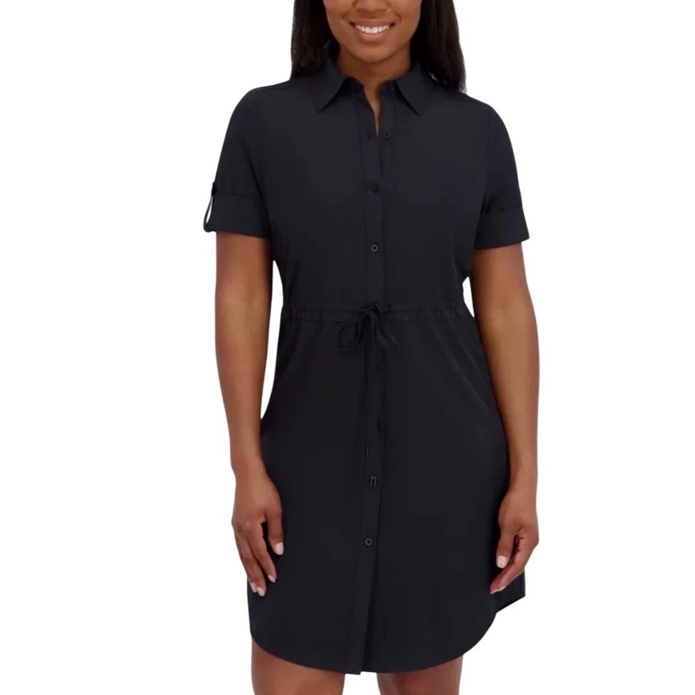 Halston Womens Black Short Sleeve Button Front Drawstring Waist Shirt Dress S